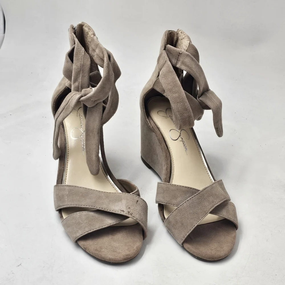 Jessica Simpson Cyrena Suede Wedge Sandal Womens 8.5 Warm Taupe Lace Up